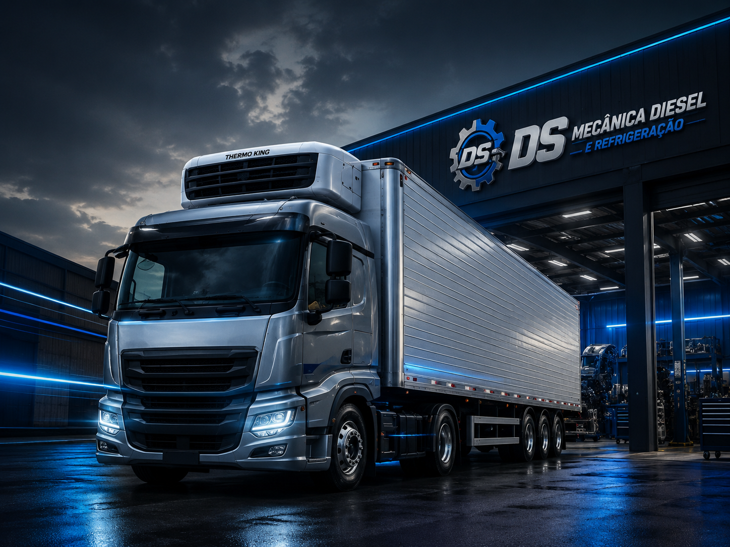 Caminhão refrigerado em frente à oficina DS Mecânica Diesel e Refrigeração